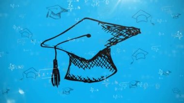 Mavi arka planda yüzen matematik denklemlerine karşı birden fazla mezuniyet simgesi. Okula ve eğitim konseptine dönüş