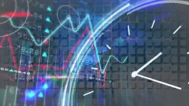 Dünya haritası üzerinde saat, istatistik ve finansal veri işleme animasyonu. küresel iş, finans, veri işleme ve teknoloji konsepti dijital olarak oluşturulmuş video.