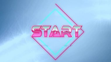 Mavi arkaplandaki ışık noktalarıyla neon karelerin üzerinde başlangıç metninin dijital animasyonu. Video oyunu arayüzü ve teknoloji kavramı