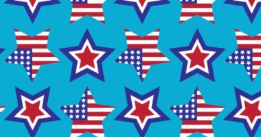 Amerikan bayrağına boyanmış yıldızların mavi arka planda canlandırılması. Vatanseverlik ve kutlama konsepti dijital olarak oluşturulmuş video.