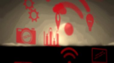 Manzara üzerinde yüzen dijital simgelerin animasyonu. küresel çevrimiçi dijital arayüz, iletişim ve arayüz kavramı dijital olarak oluşturulmuş video.