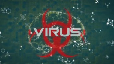 Virüs metni biyolojik tehlike sembolü üzerinde moleküler yapılar ve yeşil zemin üzerinde insan beyni. Coronavirus covid-19 salgın konsepti