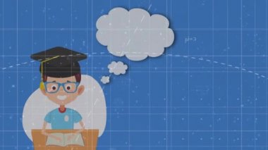 Mavi arkaplanda matematik denklemlerine karşı boş konuşma balonuyla mezun olmuş bir çocuk ikonu. Okula ve eğitim konseptine dönüş