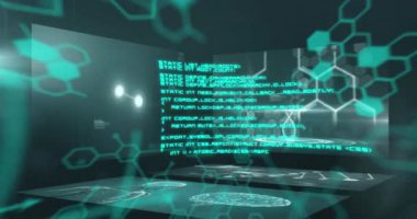 Veri işleme üzerine dijital arayüz kimyasal formüllerinin animasyonu. Bilim ve araştırma konsepti dijital olarak oluşturulmuş video.