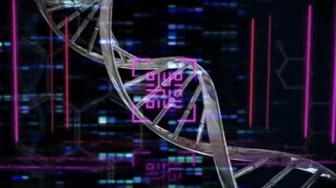 DNA yapısı üzerinde neon sarı qr kodlarının dijital animasyonu ve siyah arkaplanda mozaik kareler. barkod tanımlama ve teknoloji kavramı