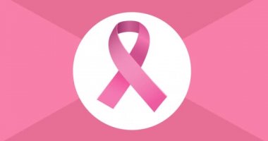 Pembe arka planda görünen pembe kurdele logosu animasyonu. Göğüs kanseri pozitif farkındalık kampanyası konsepti dijital olarak üretildi.