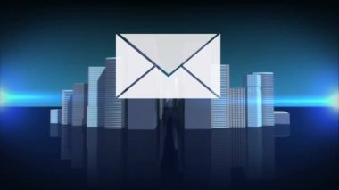 Mavi arka plandaki ışık izlerine karşı 3D şehir modelinin üzerinde yüzen birden fazla mesaj simgesi. Sosyal medya ağı ve teknoloji kavramı