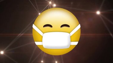 Parlak bağlantı ağına karşı maske takan yüz emojisinin dijital animasyonu. küresel ağ ve teknoloji kavramı