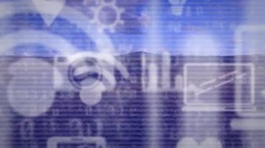 Manzara üzerinde yüzen dijital simgelerin animasyonu. küresel çevrimiçi dijital arayüz, iletişim ve arayüz kavramı dijital olarak oluşturulmuş video.