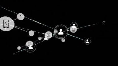 Siyah arkaplan üzerindeki simgelerle bağlantı ağlarının animasyonu. küresel bağlantılar, dijital arayüz, dijital olarak oluşturulan veri işleme konsepti.