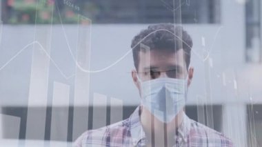 Statistical data processing against caucasian man wearing face mask on the street. coronavirus covid-19 pandemic concept