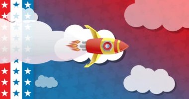 Amerikan bayrak yıldızları, çizgiler ve bulutlar üzerinde özgür yazıtların olduğu Amerika 'nın animasyonu. Vatanseverlik ve kutlama konsepti dijital olarak oluşturulmuş video.