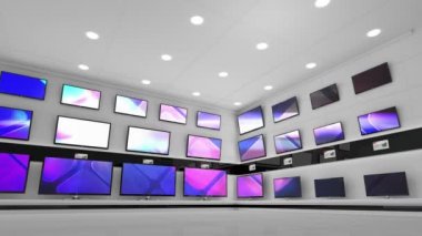 Elektronik mağazasının içinde senkronize video birden fazla televizyon ekranında oynuyor. elektronik ve perakende ticaret teknolojisi kavramı