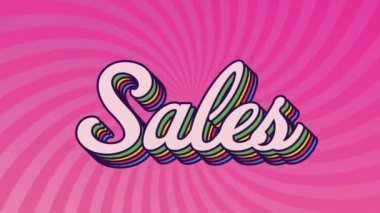 Pembe radyal arka planda gökkuşağı gölge efektli satış metninin dijital animasyonu. satış indirimi ve perakende iş konsepti