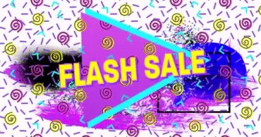 Parlak renkli retro desenli sarı harflerle satılan metinlerin animasyonu. alışveriş, perakende ve tasarruf konsepti dijital olarak oluşturulmuş video.