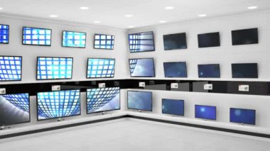 Elektronik mağazasının içinde senkronize video birden fazla televizyon ekranında oynuyor. elektronik ve perakende ticaret teknolojisi kavramı