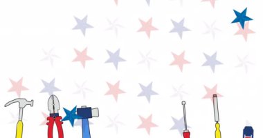 İşçi bayramının animasyonu metni aletler ve Amerikan bayrak yıldızları yerine kutluyor. Vatanseverlik ve kutlama konsepti dijital olarak oluşturulmuş video.