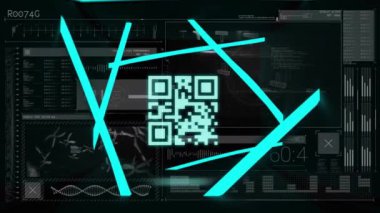Neon yeşil QR kodunun dijital animasyonu ve veri işleme ile dijital arayüz üzerinde çizgiler. barkod tanımlama ve teknoloji kavramı