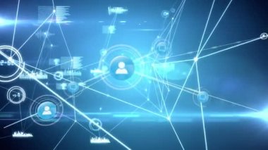 Siyah arkaplan üzerindeki simgelerle bağlantı ağlarının animasyonu. küresel bağlantılar, dijital arayüz, dijital olarak oluşturulan veri işleme konsepti.