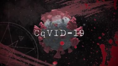 Covid-19 üzerinde kırmızı boya sıçramalarına ve siyah arka planda fırça darbelerine karşı covid-19 hücresi. Coronavirus covid-19 salgın konsepti