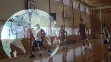 Spor salonundaki basketbol maçında dünya ve bağlantılar ağının animasyonu. global spor, fitness ve veri işleme konsepti dijital olarak oluşturulmuş video.