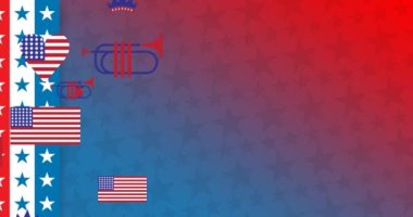 Amerikan bayrağında yıldızların ve şeritlerin arka planında renkli simgelerin canlandırılması. Vatanseverlik ve kutlama konsepti dijital olarak oluşturulmuş video.