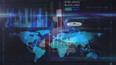 Dünya haritası üzerinde istatistik ve finansal veri işleme animasyonları. küresel iş, finans, veri işleme ve teknoloji konsepti dijital olarak oluşturulmuş video.