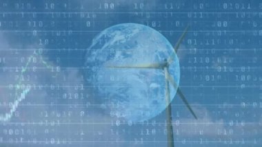 Rüzgar türbini üzerinde ikili kodlama ve veri işleme animasyonu. küresel çevre, yeşil enerji, iş, bağlantılar, dijital arayüz ve teknoloji konsepti dijital olarak oluşturulmuş video.