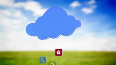 Manzara üzerinde yüzen mavi bulut ve dijital simgelerin animasyonu. küresel çevrimiçi dijital arayüz, iletişim ve arayüz kavramı dijital olarak oluşturulmuş video.