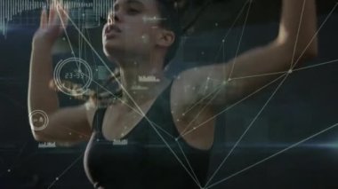 Afro-Amerikan formda bir kadının saçlarını savurmasına karşı bağlantılar ve veri işleme ağı. Spor, spor ve teknoloji konsepti