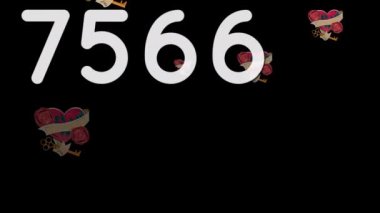 Artan sayıların dijital animasyonu, birden fazla kalp simgesinin siyah arka plana düşmesi üzerine. Sosyal medya ağı ve teknoloji kavramı