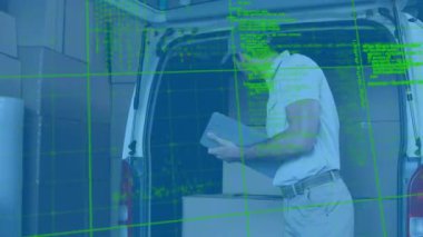 Minibüste pano kontrol eden beyaz bir teslimatçı hakkında veri işleme. lojistik ve ulaşım sektörü kavramı