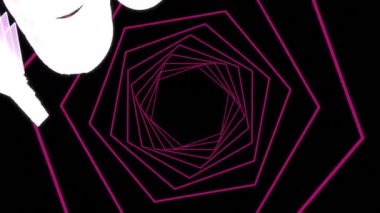 Siyah arka planda kusursuz dönen pembe altıgenlere karşı mor seviye metin. Video oyunu arayüzü ve teknoloji kavramı