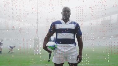 Stadyumda oynanan maçta erkek rugby oyuncularının üzerindeki beneklerin canlandırılması. spor ve yarışma konsepti dijital olarak oluşturulmuş video.
