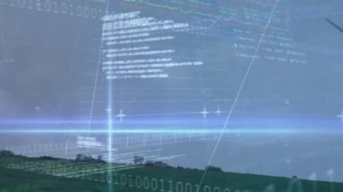 Rüzgar türbini üzerinde ikili kodlama ve veri işleme animasyonu. küresel çevre, yeşil enerji, iş, bağlantılar, dijital arayüz ve teknoloji konsepti dijital olarak oluşturulmuş video.