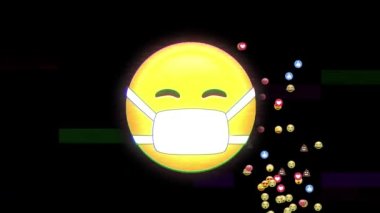 Siyah arka planda uçan emojili yüz maskeli sosyal medya simgesi animasyonu. covid 19 pandemik konsept sırasında dijital olarak üretilen video boyunca küresel sosyal medya ve iletişim.