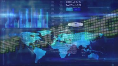 Dünya haritası üzerinde istatistik ve finansal veri işleme animasyonları. küresel iş, finans, veri işleme ve teknoloji konsepti dijital olarak oluşturulmuş video.