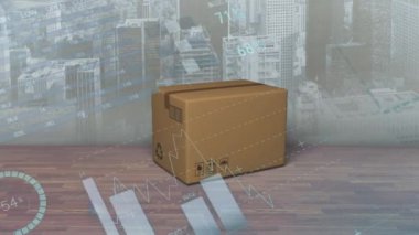 Şehir manzarasına karşı ahşap yüzey üzerindeki teslimat kutusunda istatistiksel veri işleme. lojistik ve ulaşım sektörü kavramı