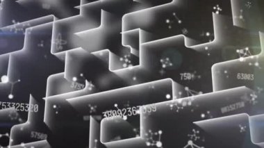 Çoklu değişen sayılar ve siyah arkaplanda 3 boyutlu şekillere karşı yüzen moleküler yapılar. tıbbi araştırma ve teknoloji konsepti