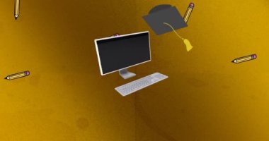 Kırmızı arkaplanda hareket eden okul ögeleri simgelerinin canlandırılması. okul, eğitim ve öğrenim konsepti dijital olarak oluşturulmuş video.