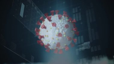 Covid-19 hücresinin dijital animasyonu siyah arkaplan üzerinde veri işleme ile birden fazla ekrana karşı. Coronavirus covid-19 salgın konsepti