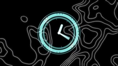 Siyah zemin üzerinde tıkırdayan neon mavi dijital saate karşı topografinin dijital animasyonu. bilgisayar arayüzü ve teknoloji kavramı
