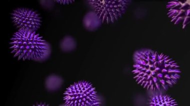 Siyah zemin üzerinde yüzen birden fazla mor covid-19 hücrenin dijital animasyonu. Coronavirus covid-19 salgın konsepti