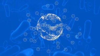 Bağlantı ağı küresi mavi arka planda birden fazla kan damarına karşı dönüyor. Coronavirus covid-19 salgın konsepti