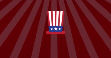 Kırmızı arka planda Amerikan bayrağı olan şapka animasyonu. Vatanseverlik ve kutlama konsepti dijital olarak oluşturulmuş video.