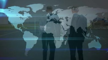 Havaalanı pistinde birbiriyle konuşan iki Kafkas pilotu üzerinde dünya üzerindeki profil simgeleri ağı. Havacılık ve uçuş konsepti