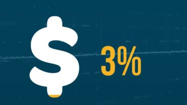 Dolar işaretinin animasyonu ve finansal veri işleme üzerindeki yüzde sarı ile doluyor. küresel finansman, iş ve veri işleme kavramı dijital olarak oluşturulmuş video.
