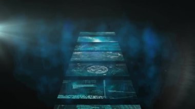 Bilgi ve veri işleme ile birlikte dijital arayüz ekranlarının üst üste dizilimi. dijital arayüz teknolojisi, veri işleme ve küresel iletişim konsepti dijital olarak oluşturulmuş video.