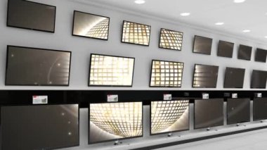 Elektronik mağazasının içinde senkronize video birden fazla televizyon ekranında oynuyor. elektronik ve perakende ticaret teknolojisi kavramı