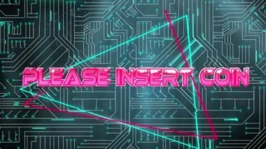 Lütfen mikro işlemci bağlantılarına karşı neon üçgenler üzerinden bozuk para metni yerleştirin. Video oyunu arayüzü ve teknoloji kavramı